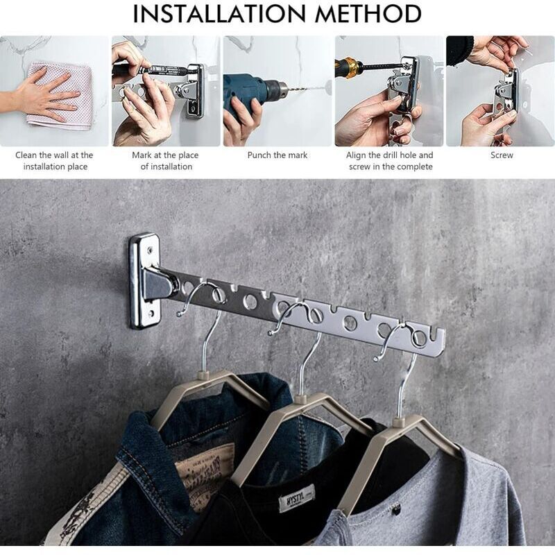 2 Pack Stainless Steel Folding Wall Mounted Clothes Drying Racks, Wall Mounted Foldable Clothes Hanger with Screws and Plugs for Bedroom Living Room - Image 4