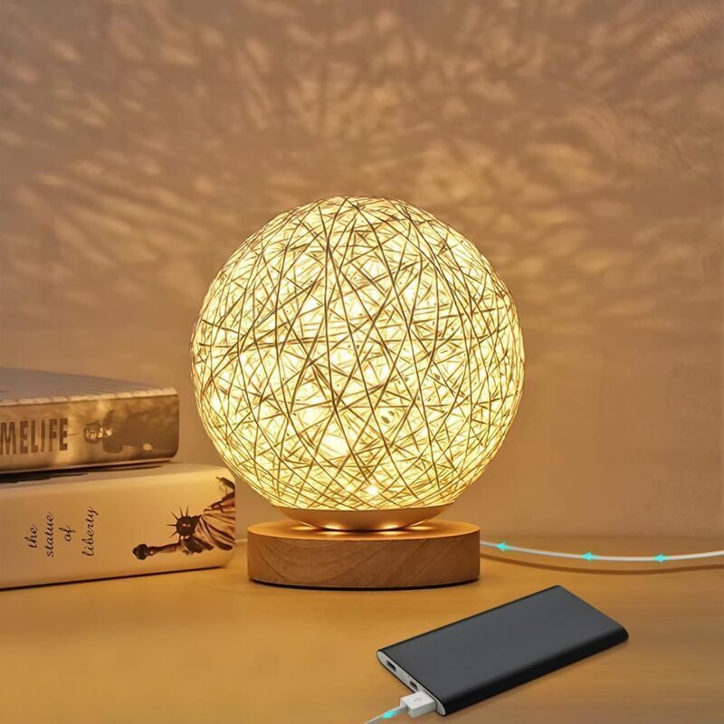 Rattan Night Light, Wooden Table Lamp with Handwoven Shade, USB Rechargeable, Rattan and Wood Bedroom Mood Lamp for Bedroom, Living Room, White - Image 1