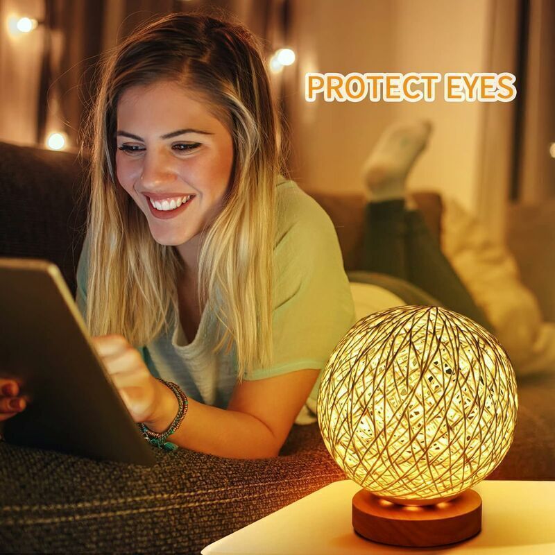 Rattan Night Light, Wooden Table Lamp with Handwoven Shade, USB Rechargeable, Rattan and Wood Bedroom Mood Lamp for Bedroom, Living Room, White - Image 2