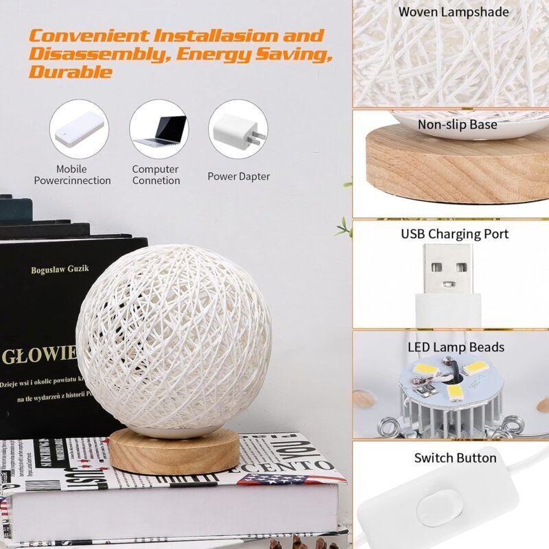 Rattan Night Light, Wooden Table Lamp with Handwoven Shade, USB Rechargeable, Rattan and Wood Bedroom Mood Lamp for Bedroom, Living Room, White - Image 3