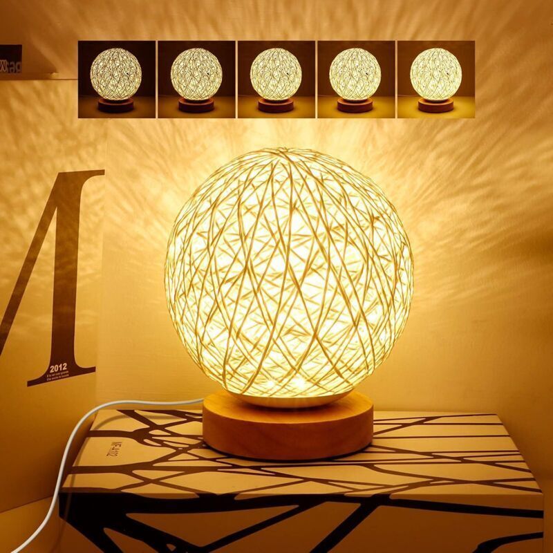 Rattan Night Light, Wooden Table Lamp with Handwoven Shade, USB Rechargeable, Rattan and Wood Bedroom Mood Lamp for Bedroom, Living Room, White - Image 4