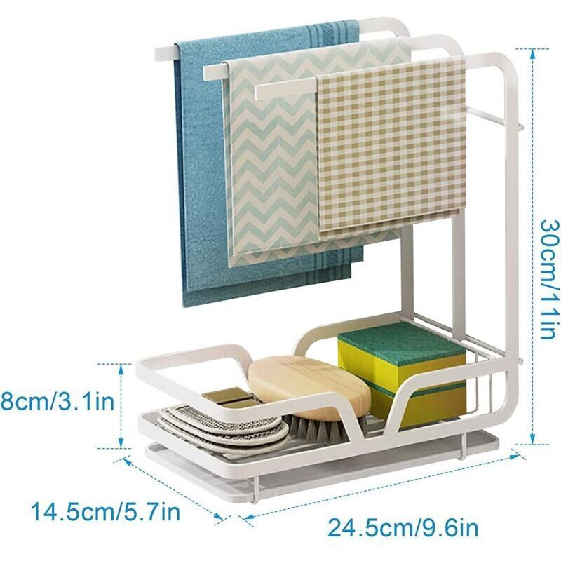 Sink Organizer, Wall Mounted Drainer for Towels, Sponges, Brush with Drip Tray for Kitchen and Bathroom, White - Image 2