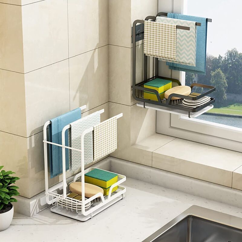 Sink Organizer, Wall Mounted Drainer for Towels, Sponges, Brush with Drip Tray for Kitchen and Bathroom, White - Image 3