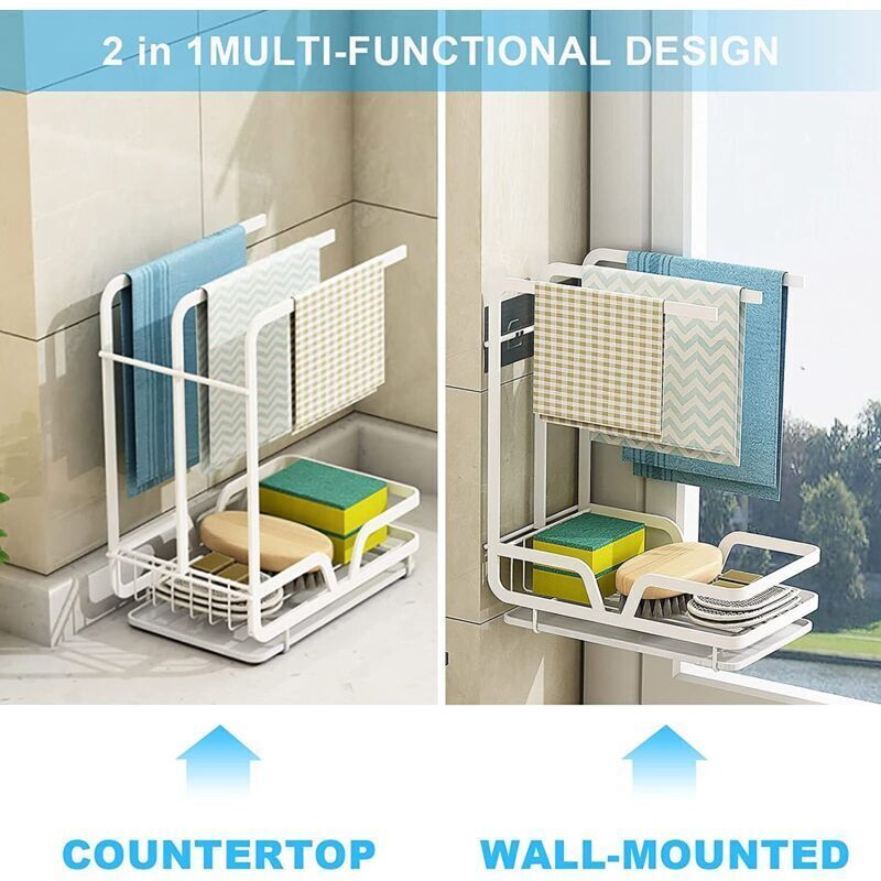 Sink Organizer, Wall Mounted Drainer for Towels, Sponges, Brush with Drip Tray for Kitchen and Bathroom, White - Image 4