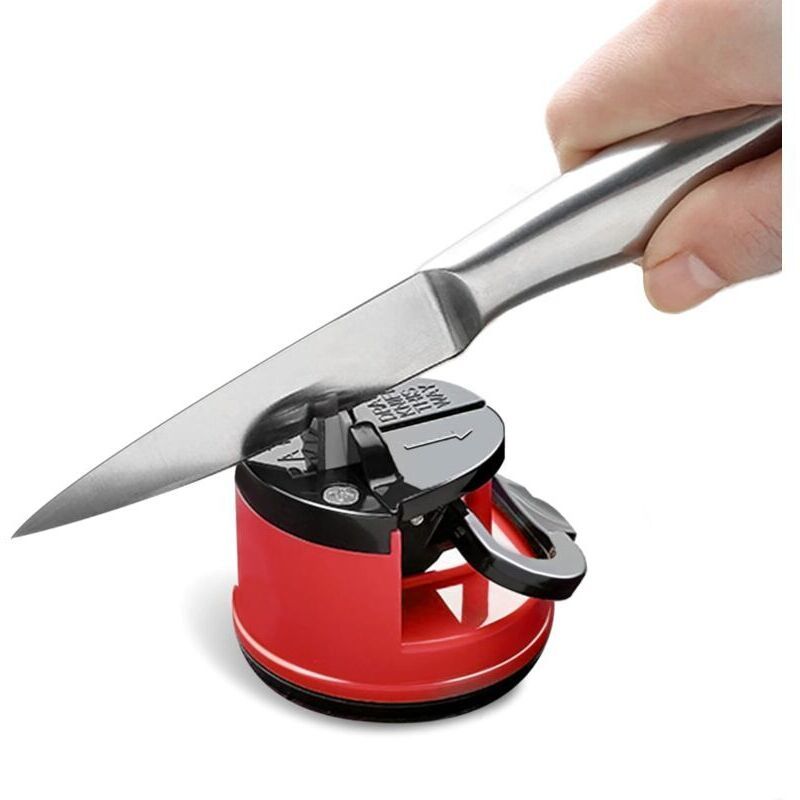 Stone Knife Sharpener, Kitchen Knife Sharpener Safety Scissors Blade Grinder, Tungsten Diamond Knife Sharpening Tool with Suction Cup, Red - Image 1