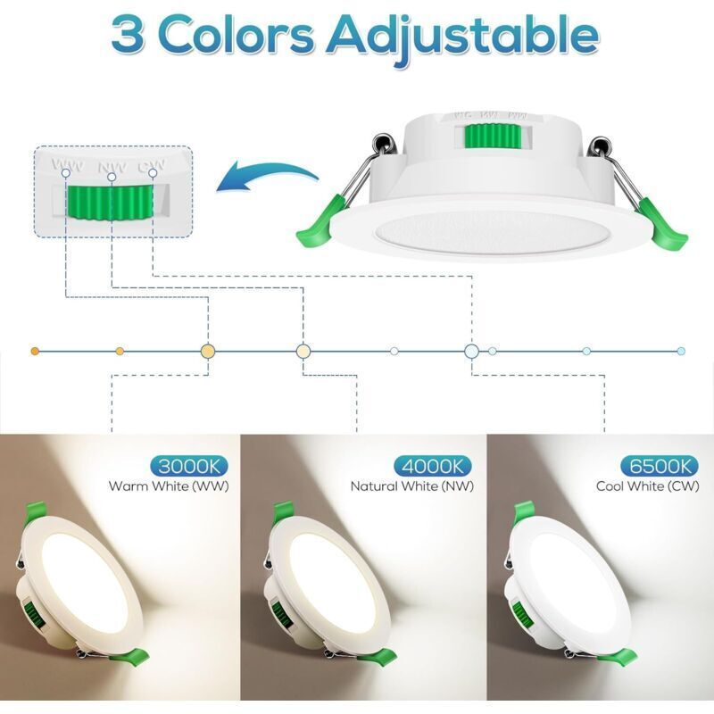 6 Pack Recessed LED Spotlight, 230V, 7W, Dimmable, Ip44. Recessed Spotlights for Bathroom and Kitchen, 3000K 4000K 6500K Recessed Spotlights, 68 mm - Image 2