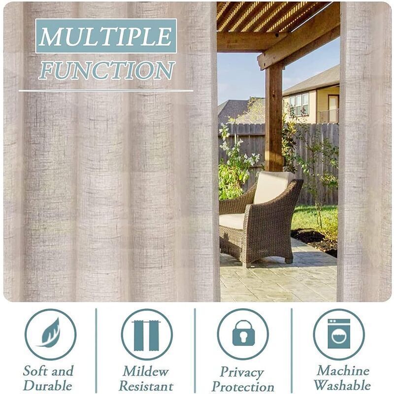 2 Pcs Outdoor Curtain, Patio Curtain, Detachable Sticky Tab Top for Easy and Non-Slip Hanging, Waterproof Outdoor Decking, Natural, 132 x 213 cm - Image 4