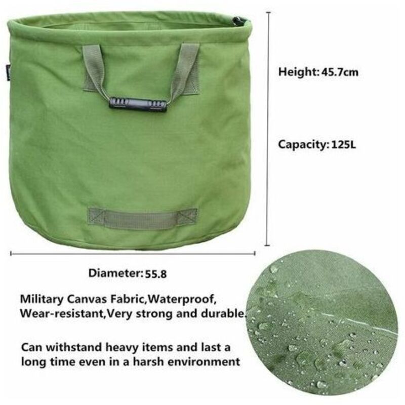Extra-Strong Gardening Bag with Handles, Green Leaf Collection Bag with Military Canvas, H 45.7 cm, D 55.8 cm, 125 L - Image 2