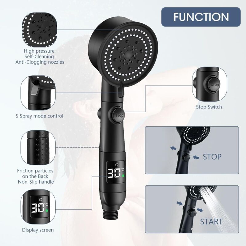 High Pressure Shower Head, Bathroom Shower Head with 5 Adjustable Modes, Anti-Limescale Massaging Shower Head with Water Stop - Image 3