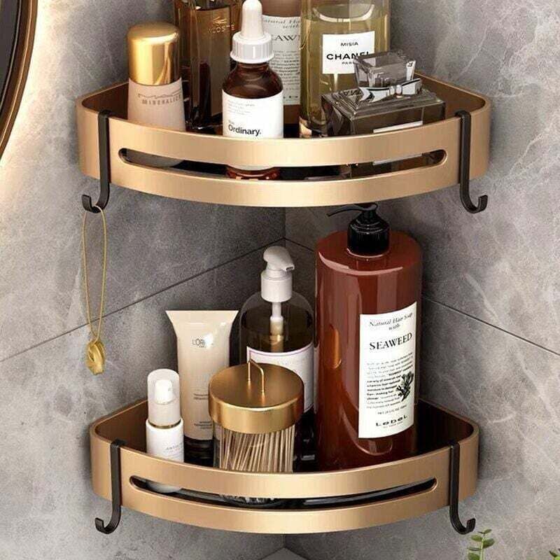 2 Pcs Corner Shower Shelves, No Drilling Required, Adhesive Bathroom Shelf, Stainless Steel Triangle Storage Basket for Shampoo and Soap with Hooks - Image 1