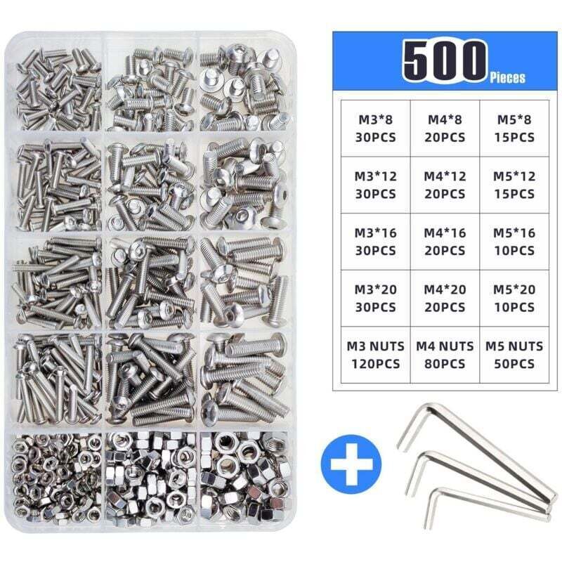 500 Pcs Stainless Steel Box Set M3 M4 M5 Round Head Bolt Screw Nut Disc Head Internal Hex Screw - Image 1
