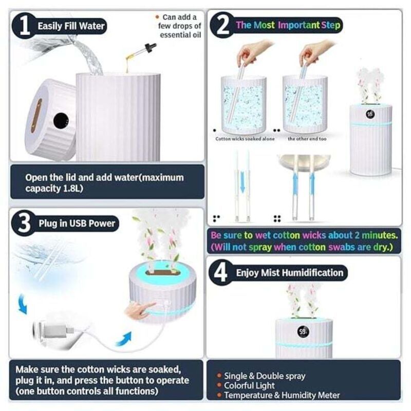 Air Humidifier, Silent Ultrasonic Humidifier with Thermo-Hygrometer, Dual Nozzle, 36 Hours of Operation Time, Automatic Shut-Off, 7 LEDs, 2 L - Image 2