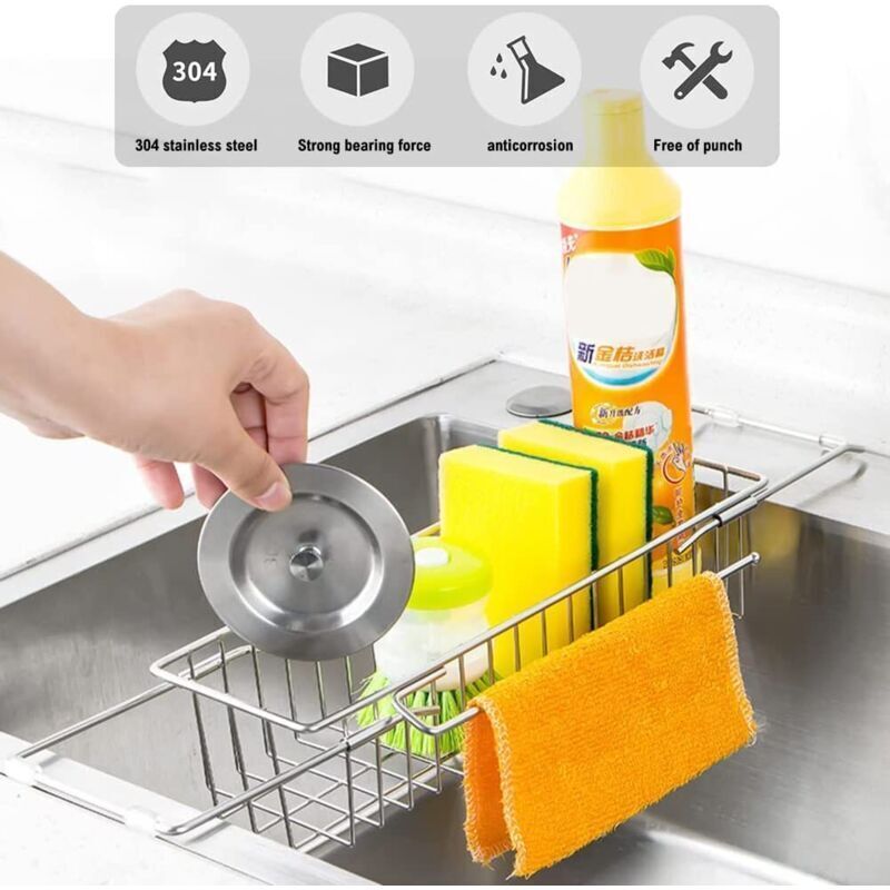 Kitchen Sink Organizer, Extendable Sponge Holder, Telescopic Drainer Stainless Steel Organizer Multifunctional Quick Drain Towel Rack, 23-47 cm - Image 2