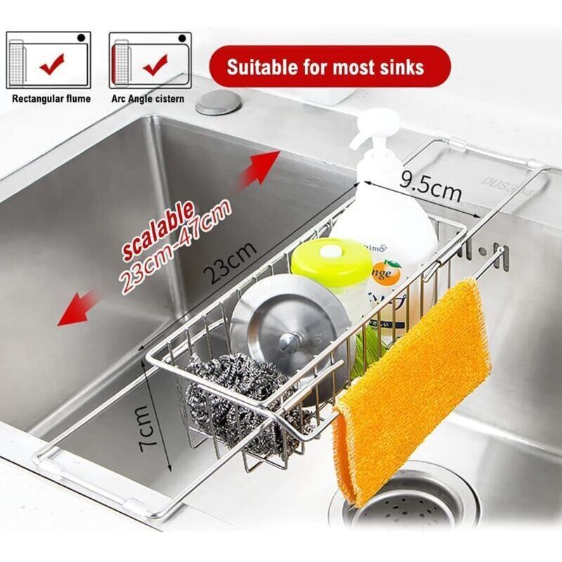 Kitchen Sink Organizer, Extendable Sponge Holder, Telescopic Drainer Stainless Steel Organizer Multifunctional Quick Drain Towel Rack, 23-47 cm - Image 3