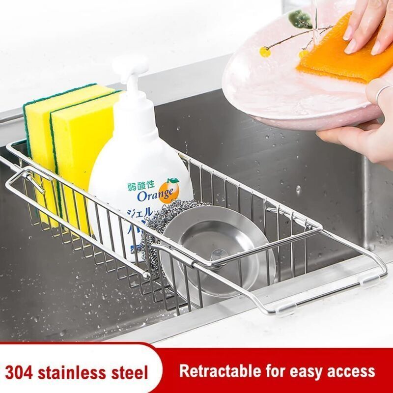 Kitchen Sink Organizer, Extendable Sponge Holder, Telescopic Drainer Stainless Steel Organizer Multifunctional Quick Drain Towel Rack, 23-47 cm - Image 4