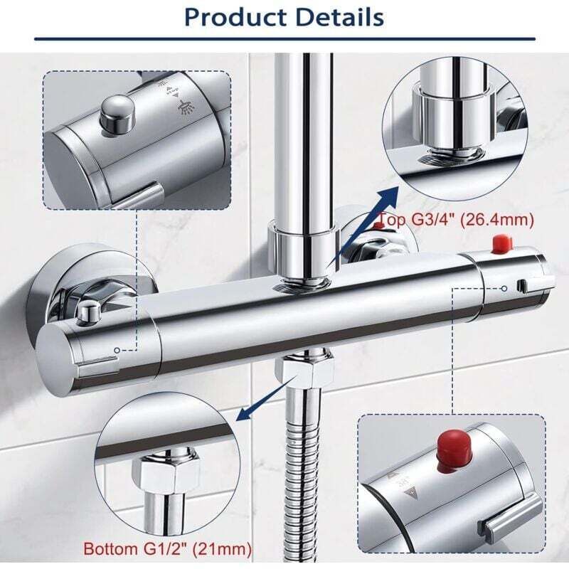 Thermostatic Shower Mixer 2 Outlets High and Low Anti-Scald Mixer Tap in Chrome Brass for Bathroom Bathtub - Image 2