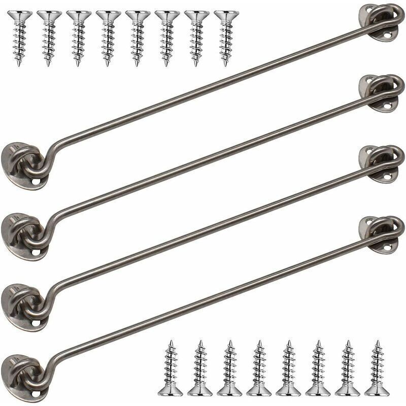 4 Pack Cabin Hooks, Thick Solid Stainless Steel Window Hooks with Mounting Screws for Barn Door, Bathroom, Sliding Door, Silver, 12 Inch - Image 1