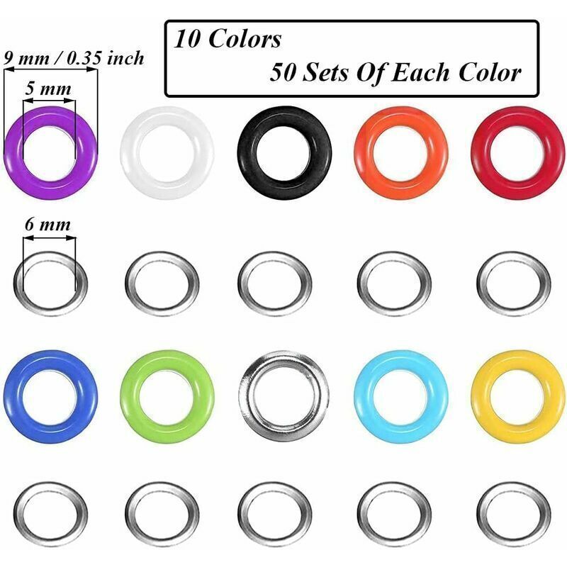500 Sets Eyelet Kit, Eyelets, Metal Eyelets, 10 Colors Eyelet Kit with 3 Eyelet Setting Tool for Shoes, Clothing, Bag, Canvas, DIY, Style C, 5 mm - Image 2