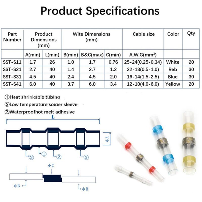 1 Set Heat Shrink Terminals, Waterproof Solder Ring Insulated Butt Connectors Assortment 300 Pcs White 25 Pcs Red 35 Pcs Blue 30 Pcs Yellow 10 Pcs - Image 2