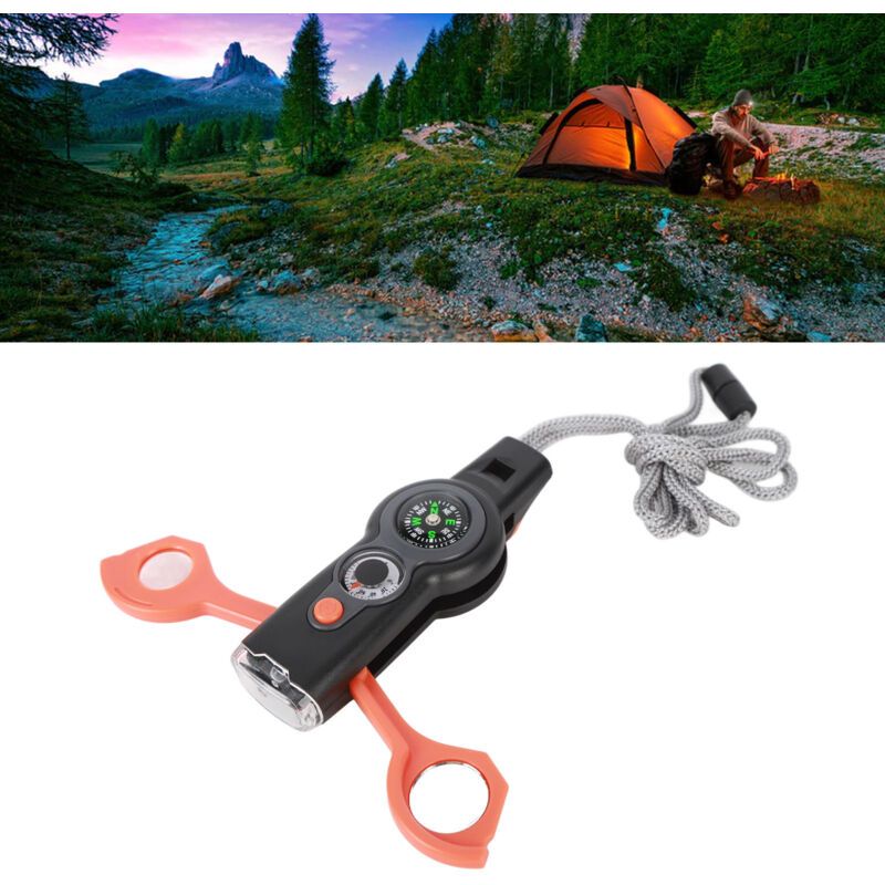 7 in 1 Emergency Survival Whistle, LED Thermometer, Compass, Multi-Function Whistle for Hiking, Climbing, Orange - Image 1
