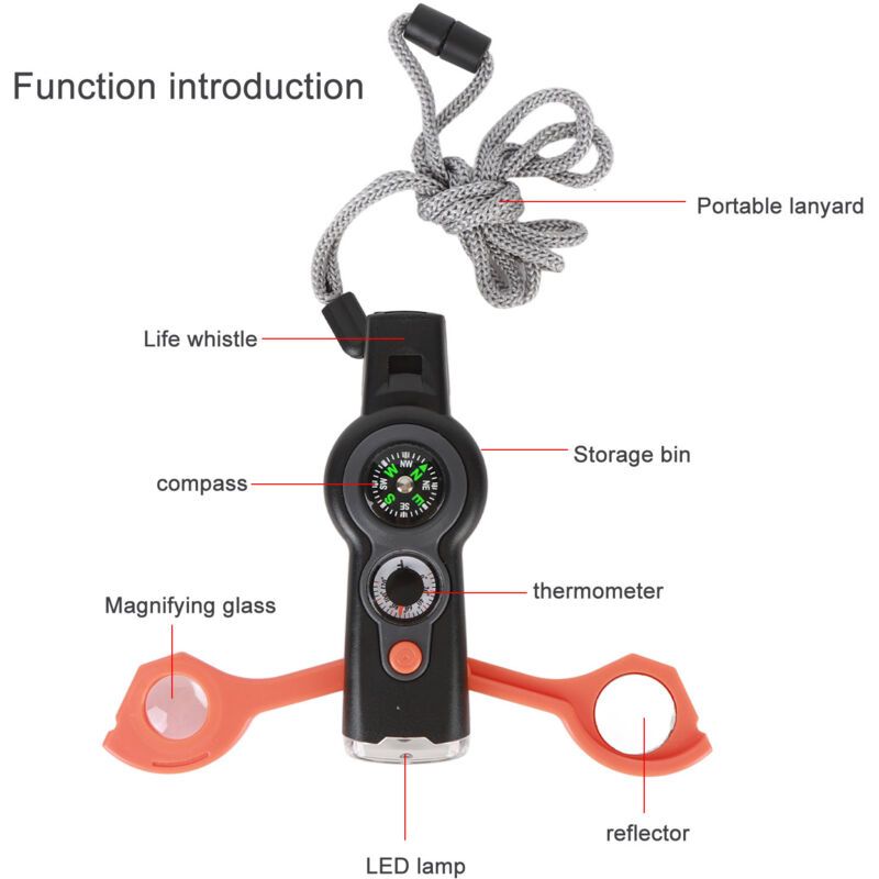 7 in 1 Emergency Survival Whistle, LED Thermometer, Compass, Multi-Function Whistle for Hiking, Climbing, Orange - Image 3