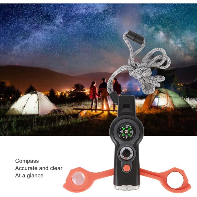7 in 1 Emergency Survival Whistle, LED Thermometer, Compass, Multi-Function Whistle for Hiking, Climbing, Orange - Image 4