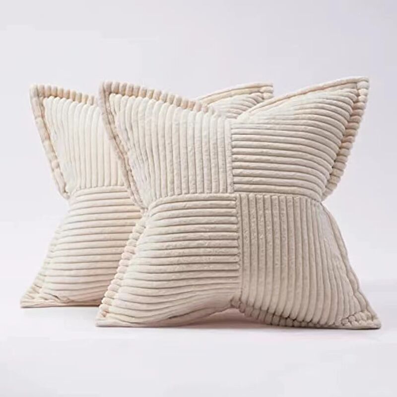 2 Pcs Sofa Cushion Cover Pillowcase in Beige Corduroy with Cross Pattern Decoration Bedroom Living Room, 45 x 45 cm - Image 1