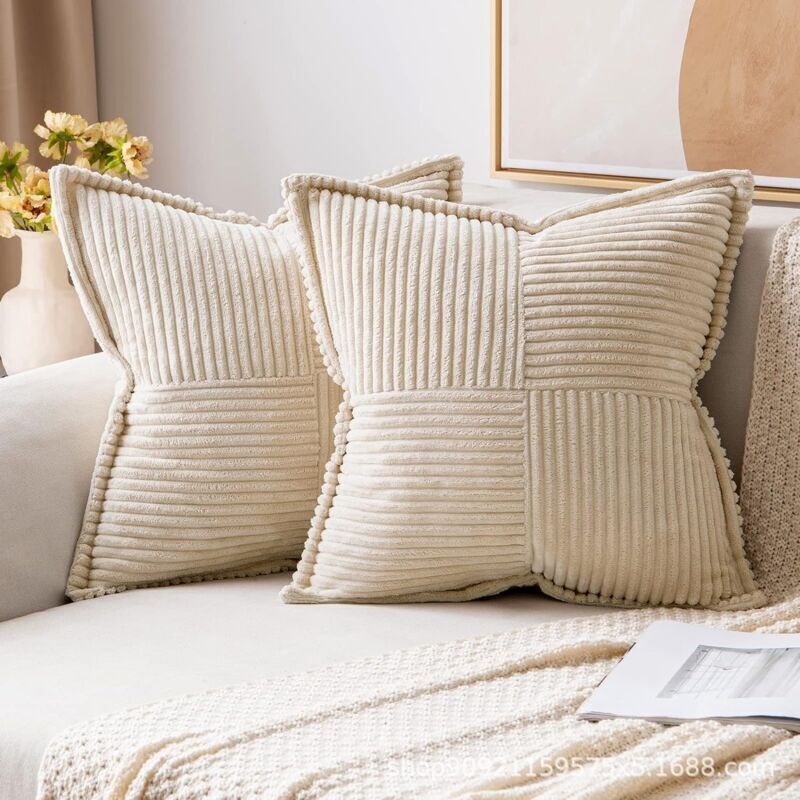 2 Pcs Sofa Cushion Cover Pillowcase in Beige Corduroy with Cross Pattern Decoration Bedroom Living Room, 45 x 45 cm - Image 2