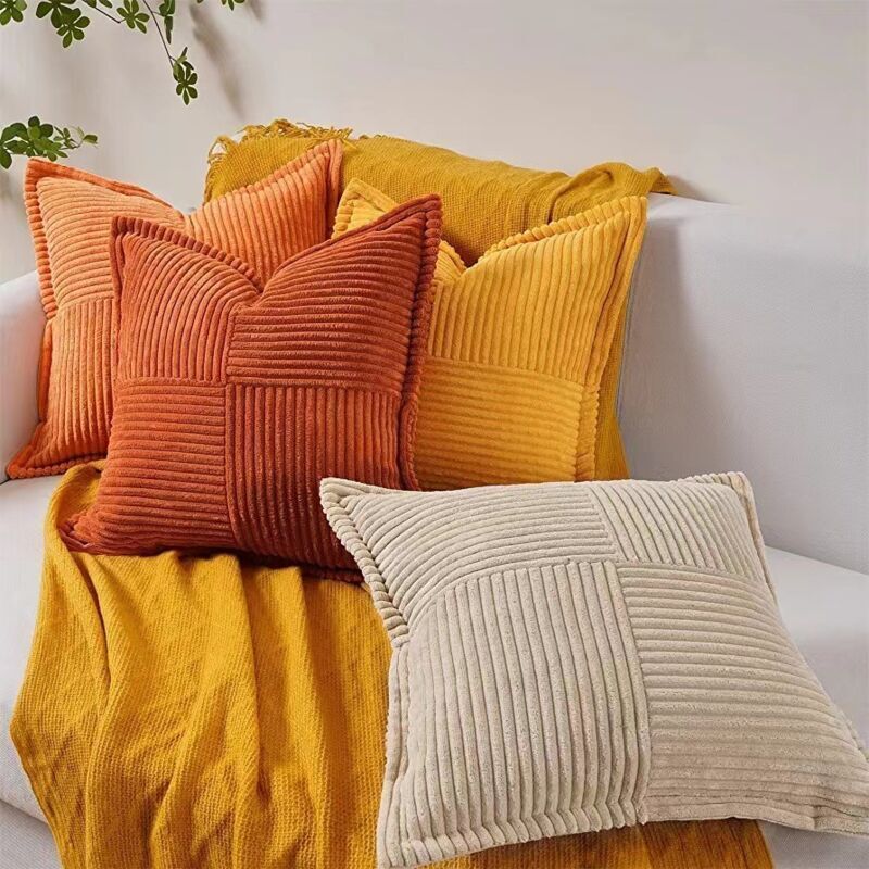 2 Pcs Sofa Cushion Cover Pillowcase in Beige Corduroy with Cross Pattern Decoration Bedroom Living Room, 45 x 45 cm - Image 3