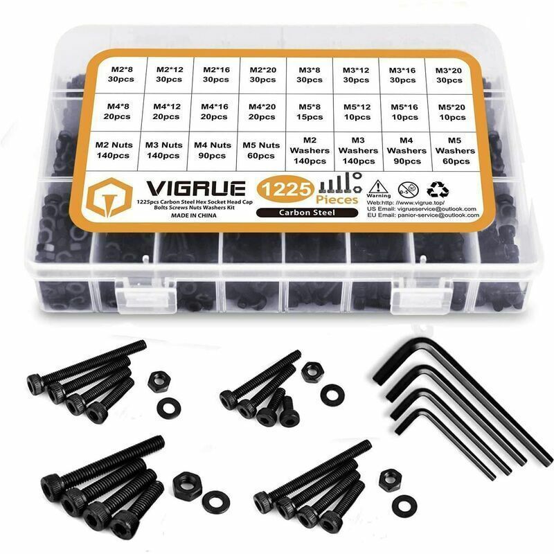 1225 Pcs Kit M2 M3 M4 M5 Carbon Steel Hex Socket Head Cap Bolts Screws with Nuts Assortment, Black - Image 1