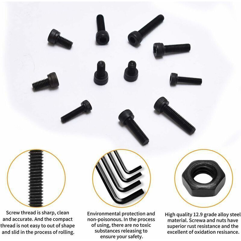 1225 Pcs Kit M2 M3 M4 M5 Carbon Steel Hex Socket Head Cap Bolts Screws with Nuts Assortment, Black - Image 2
