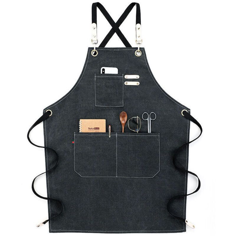 Kitchen Apron Water Resistant Cotton Linen Cross Back Adjustable Apron Black - Image 1