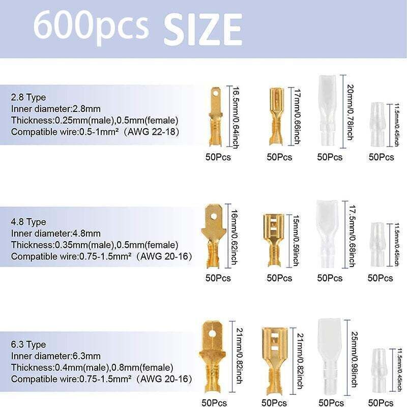 600 Pcs Brass Crimp Terminals, Electrical Lug with Insulated Sleeve Male Female Spade Wire Connectors Crimp Terminal, 2.8 mm, 4.8 mm, 6.3 mm - Image 2