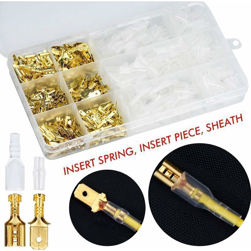 600 Pcs Brass Crimp Terminals, Electrical Lug with Insulated Sleeve Male Female Spade Wire Connectors Crimp Terminal, 2.8 mm, 4.8 mm, 6.3 mm - Image 3