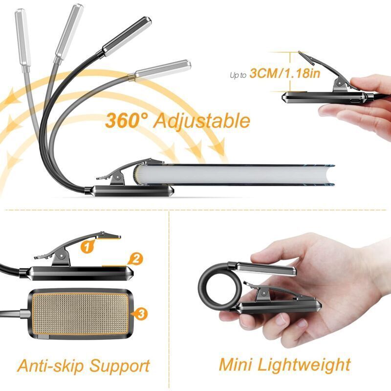 Rechargeable Reading Light, 9 LED Clip-on Reading Lamp, Stepless Dimming and 3 Eye Protection Modes, Cold and Warm White, 360 Degree Flexible Neck - Image 3