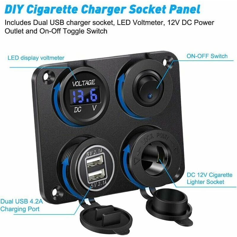 Cigarette Lighter Socket, Dual USB Port 4.2A, DC 12V Outlet, Switch and LED Display Voltmeter Waterproof Car Charger Power Outlet for 12V 24V Car - Image 2