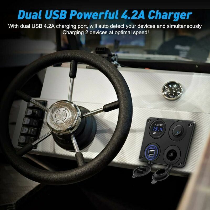 Cigarette Lighter Socket, Dual USB Port 4.2A, DC 12V Outlet, Switch and LED Display Voltmeter Waterproof Car Charger Power Outlet for 12V 24V Car - Image 3