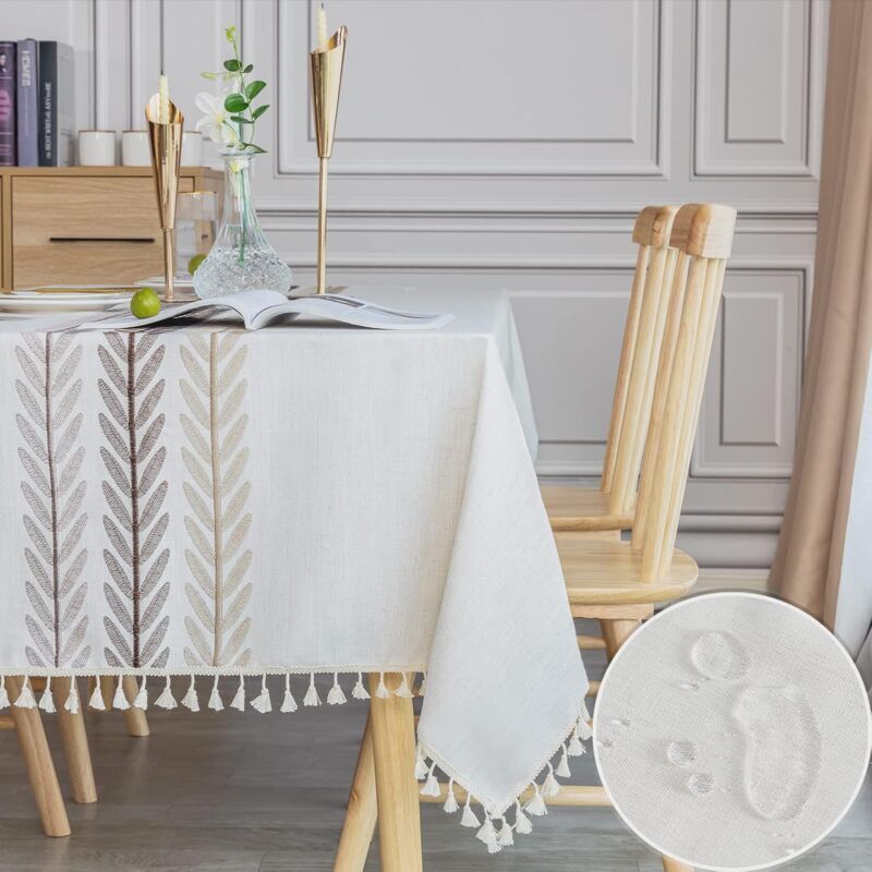 Waterproof Tablecloth Rectangular Table Cloth Cotton Linen Tassel Tablecloth Elegant Tablecloth Rectangle for Kitchen Table Decoration, 140 x 180 cm - Image 1
