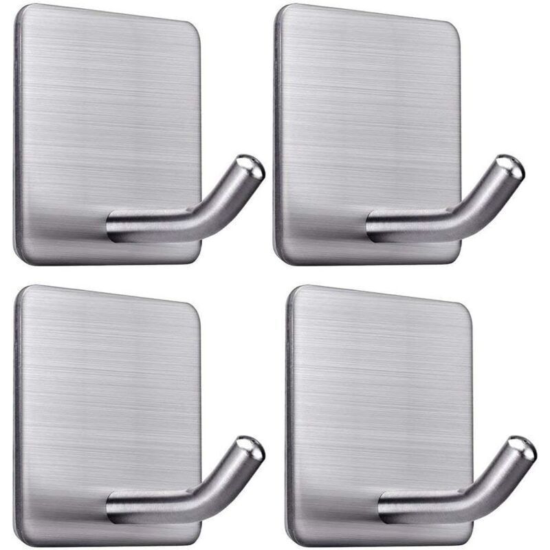4 Pcs Adhesive Hooks, 8KG Max Stainless Steel Bathroom Wall Hooks, Towel Holder with Adhesive Tape, Family and Office, Self-Adhesive, 1 - Image 1