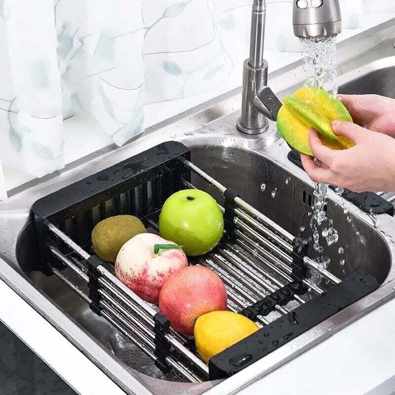 Drain Basket, Sink Drainer, Stainless Steel Telescopic Drainer, for Washing Dishes in the Kitchen Sink, Draining Fruits and Vegetables, Black, S - Image 2