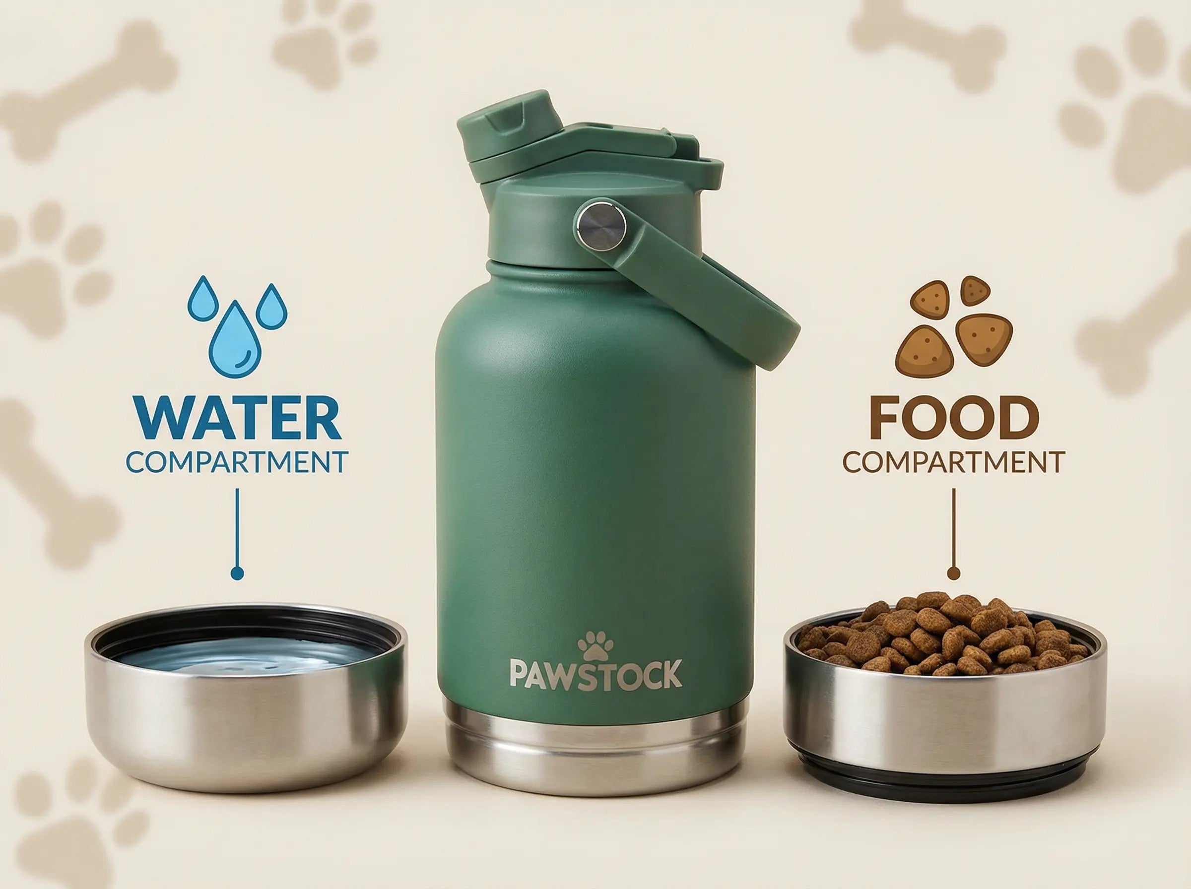 Pawstock 3-in-1 Insulated Dog Water Bottle with Dual Bowls – 1L Stainless Steel Travel Bottle-Rainforest Green - Image 1