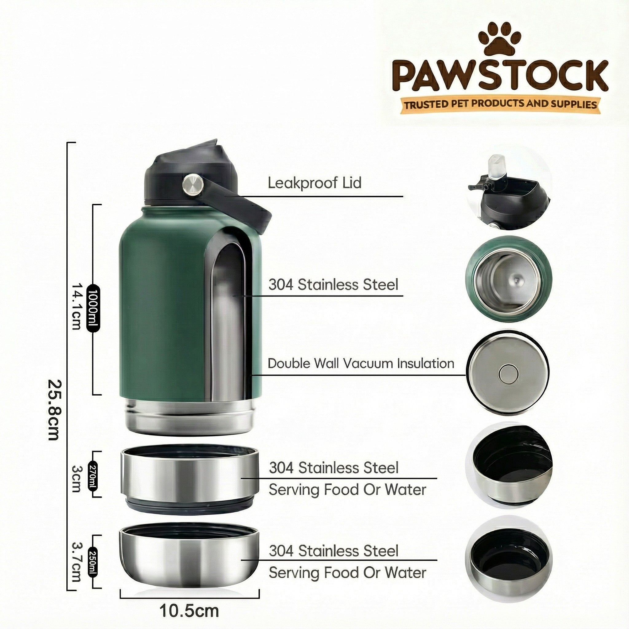 Pawstock 3-in-1 Insulated Dog Water Bottle with Dual Bowls – 1L Stainless Steel Travel Bottle-Rainforest Green - Image 3
