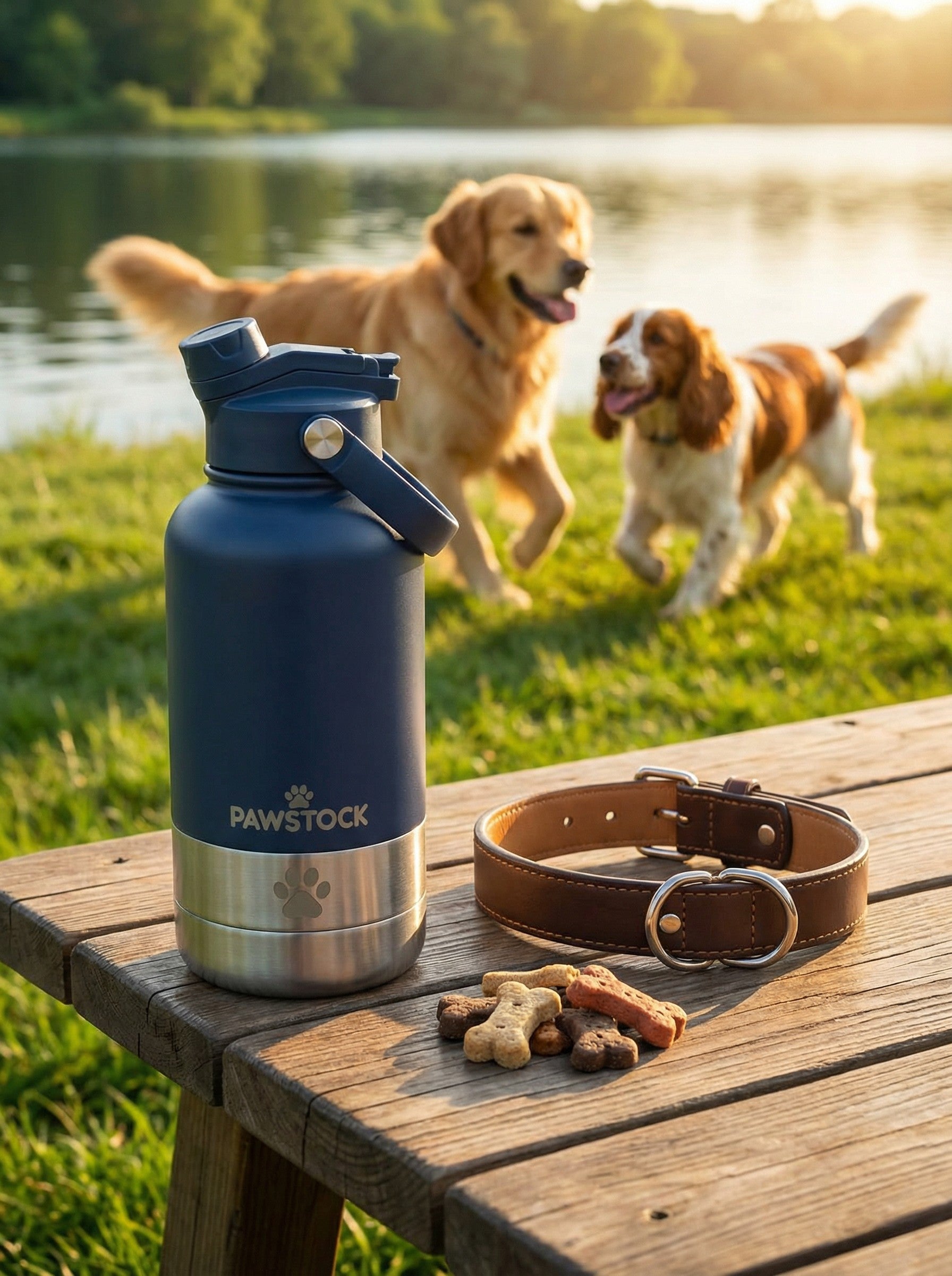 Pawstock 3-in-1 Insulated Dog Water Bottle with Dual Bowls – 1L Stainless Steel Travel Bottle - Navy - Image 1