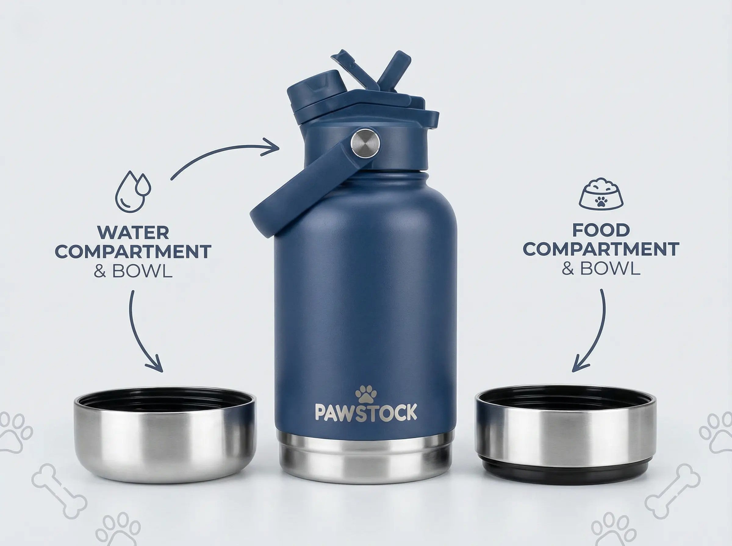 Pawstock 3-in-1 Insulated Dog Water Bottle with Dual Bowls – 1L Stainless Steel Travel Bottle - Navy - Image 2