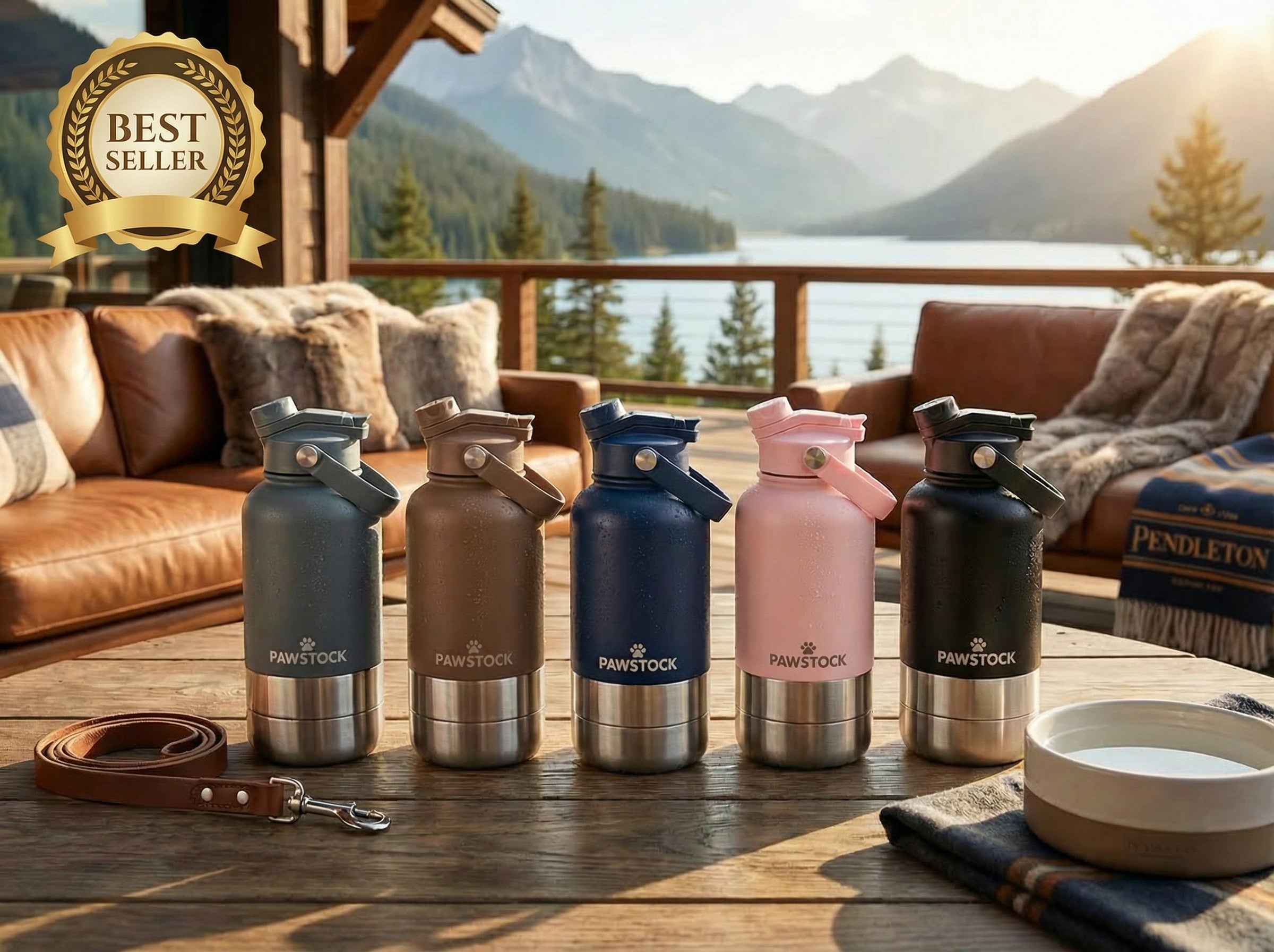Pawstock 3-in-1 Insulated Dog Water Bottle with Dual Bowls – 1L Stainless Steel Travel Bottle - Gray - Image 1