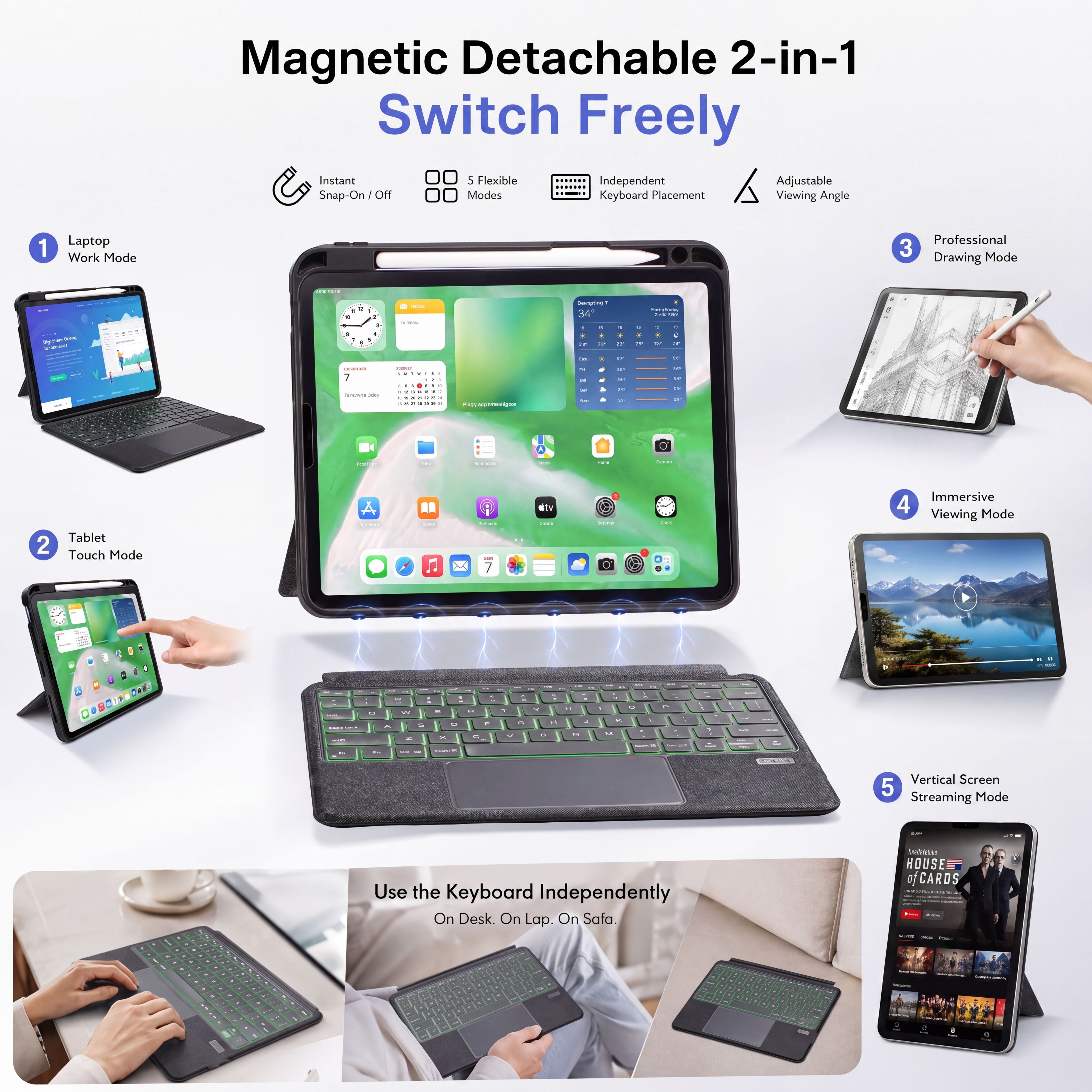 SENYOSON Black iPad Keyboard Case for iPad 7th 8th 9th Generation 10.2 Inch 2019/2020/2021 & iPad Air 3 10.5 Inch 2019, Ultra-Light Magnetic Detachable Keyboard with 7-Color Backlit, Large Precision Trackpad, Writing/Viewing Modes - Image 5