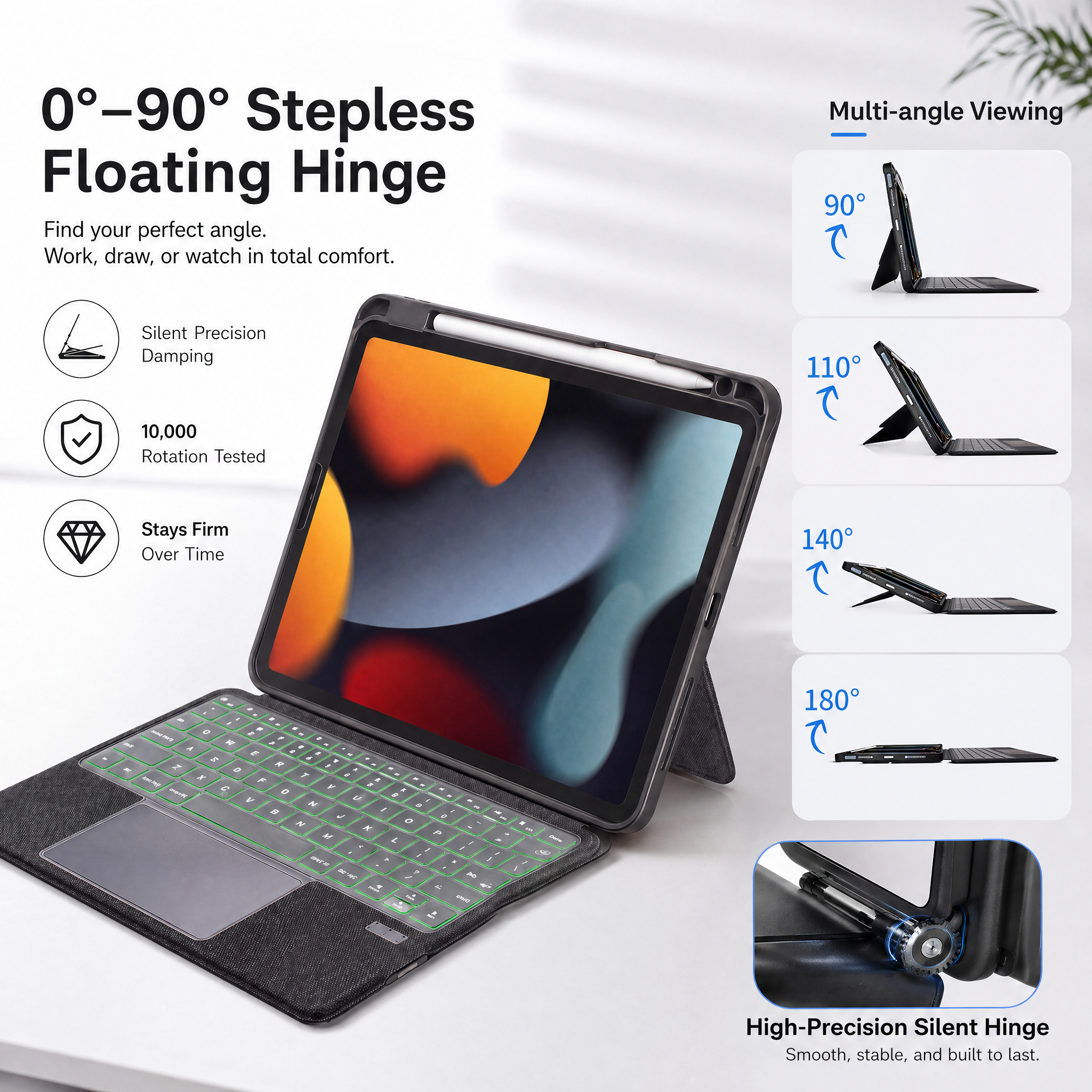 SENYOSON Black iPad Keyboard Case for iPad 7th 8th 9th Generation 10.2 Inch 2019/2020/2021 & iPad Air 3 10.5 Inch 2019, Ultra-Light Magnetic Detachable Keyboard with 7-Color Backlit, Large Precision Trackpad, Writing/Viewing Modes - Image 6