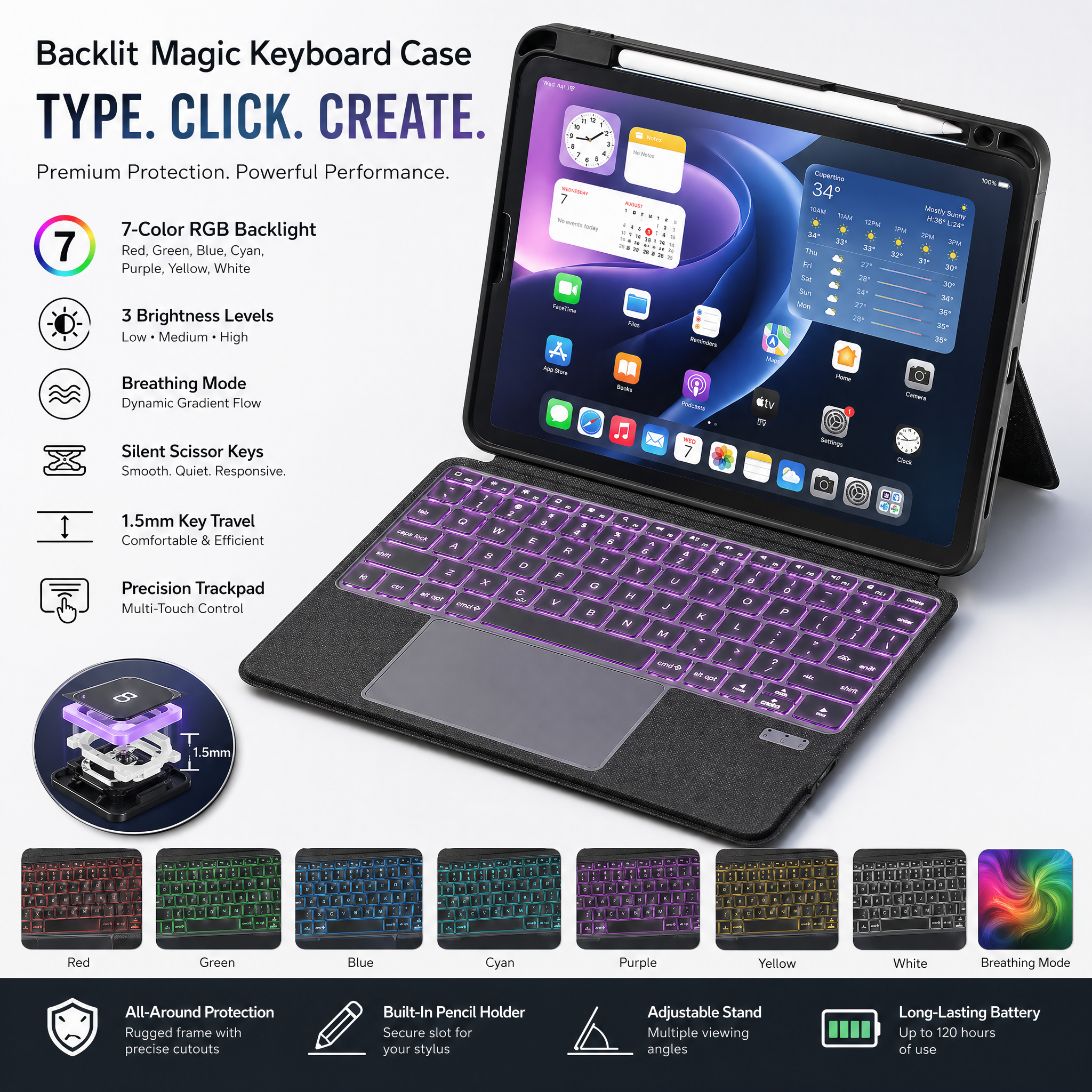 SENYOSON Black iPad Keyboard Case for iPad Air 4th 5th 6th 7th 8th Gen 10.9/11 Inch 2020-2026 & iPad Pro 11 Inch 1st 2nd 3rd 4th 5th 6th Gen 2018-2024, Ultra-Light Magnetic Detachable Keyboard with 7-Color Backlit, Large Precision Trackpad, Writing/Viewin - Image 2