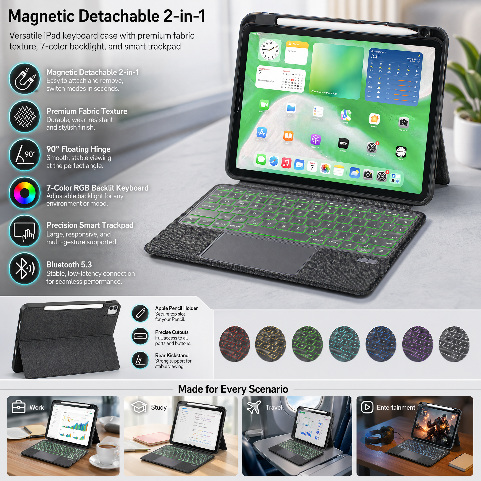 SENYOSON Black iPad Pro Keyboard Case for iPad Pro 12.9 Inch 3rd 4th 5th 6th Gen 2018-2022 & iPad Pro 13 Inch 2nd Gen M5 2025 & iPad Air 13 Inch 6th 7th 8th Gen M2/M3/M4 2024-2026, Ultra-Light Magnetic Detachable Keyboard with 7-Color Backlit, Large Preci - Image 7