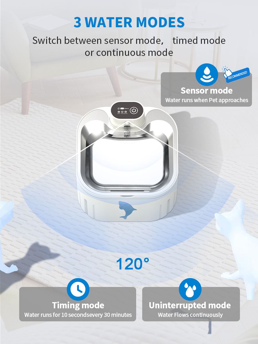 U7 Cat Water Fountain Waterer 3L/101oz, Wireless & USB Rechargeable Pet Water Fountain with 304 Stainless Steel Lid, Smart Infrared Motion Sensor Automatic Pet Water Dispenser, Ultra Quiet Pump, Detachable Easy Clean,  4 Filters Included - Image 4